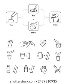 Icons von Stick-Paket-Beutel-Set mit Proben, Vorbereitungsanweisungen. Vektorelemente für Infografiken. Vorzeichensatz für detaillierte Richtlinien. Bereit für Ihr Design. EPS10.