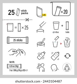 Iconos de paquete de palo conjunto de bolsas con muestras, instrucciones de preparación. Elementos vectoriales para infografías. Conjunto de signos para una guía detallada. Listo para su diseño. EPS10.