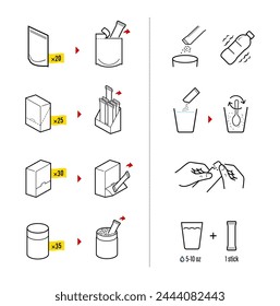 Icons of stick package bag set with samples, preparation instructions. Vector elements for infographics. Set of sign for detailed guideline. Ready for your design. EPS10.