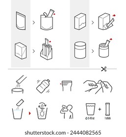 Icons of stick package bag set with samples, preparation instructions. Vector elements for infographics. Set of sign for detailed guideline. Ready for your design. EPS10.