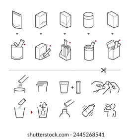 Icons of stick package bag set with samples, preparation instructions. Vector elements for infographics. Set of sign for detailed guideline. Ready for your design. EPS10.