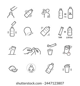 Iconos de paquete de palo conjunto de bolsas con muestras, instrucciones de preparación. Elementos de Vector para infografías. Conjunto de signos para una guía detallada. Listo para su diseño. EPS10.