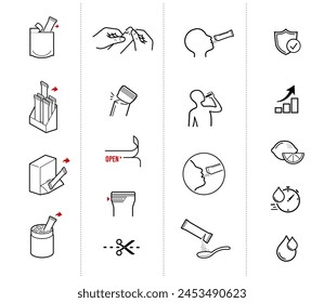 Icons von Stick-Paket-Beutel-Set mit Proben, Vorbereitungsanweisungen. Vektorgrafik Elemente für Infografiken. Vorzeichensatz für detaillierte Richtlinien. Bereit für Ihr Design. EPS10.