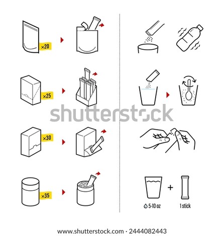 Icons of stick package bag set with samples, preparation instructions. Vector elements for infographics. Set of sign for detailed guideline. Ready for your design. EPS10.