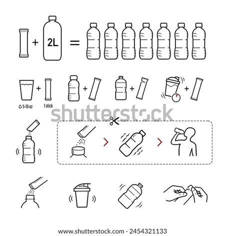 Icons of stick package bag set with samples, preparation instructions for oral rehydration sachet. Vector elements for infographics. Set of sign for detailed guideline. Ready for your design. EPS10.