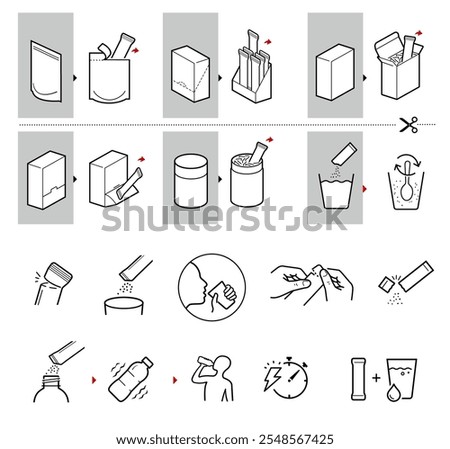 Icons of stick package bag set with samples, preparation instructions. Vector elements for infographics. Set of sign for detailed guideline. Ready for your design. EPS10.