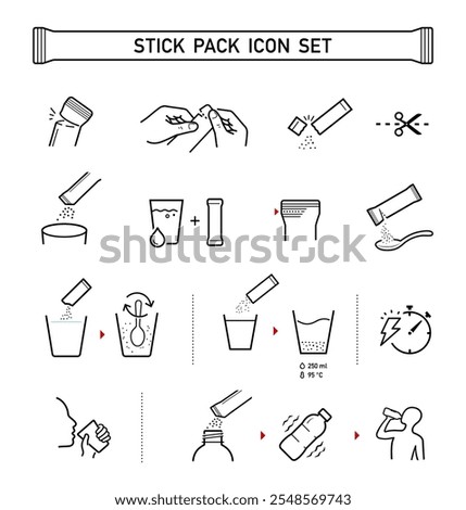 Icons of stick package bag set with samples, preparation instructions. Vector elements for infographics. Set of sign for detailed guideline. Ready for your design. EPS10.