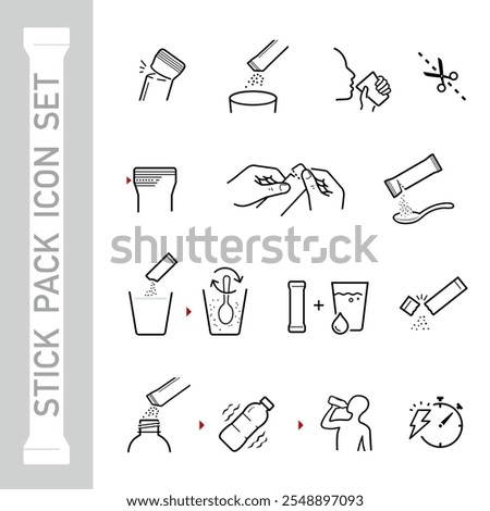 Icons of stick package bag set with samples, preparation instructions. Vector elements for infographics. Set of sign for detailed guideline. Ready for your design. EPS10.
