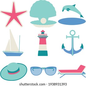 Icons and stickers about sea theme, summer, sun, beach, vacation, sand