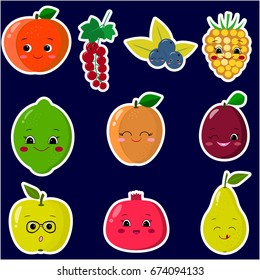 Icons stickers of different fruit smiles with a white outline, collected in a set on a dark background./
Icons  of  fruit smiley stickers with a white outline in the set.
