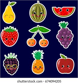 Icons stickers of different fruit smiles with a white outline, collected in a set on a dark background./
Icons  of  fruit smiley stickers with a white outline in the set.

