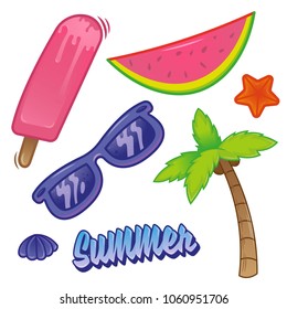 Icons stickers patchs set isolated elements related with Summer time holiday vacation sea hot beach ocean sunglasses tropical fruits pineapple watermelon ice cream. Modern vector illustration cartoon.