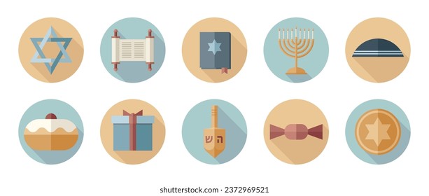 Icons and stickers set for Hanukkah. Isolated vector.