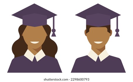 Icons of students in graduation gown cap. Students smiling in graduation day. Flat style.