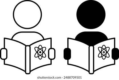 Estudio de iconos. Iconos vectoriales en blanco y negro de persona con libro de texto de física. Estudiar la asignatura en la escuela. Concepto de Educación