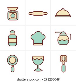 Icons Style  Cooking Foods and Kitchen outline icons set