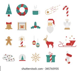 Icons style flat. Christmas elements mistletoe, tree, Santa Claus. Bright icons for prints, posters and websites