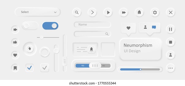 Icons in style of neomorphism. Modern ui design with stylish blur and shadow intensity unique futuristic white design trendy minimalistic buttons creative vector.