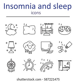 The icons in the style of the outline of the characters of healthy sleep and insomnia. Vector illustration.