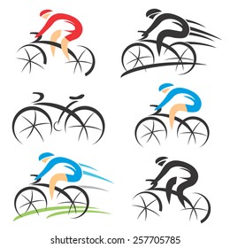 Icons with stylized cyclist.
Six modern stylized colorful and black symbols of sport cyclist. Vector illustration.
