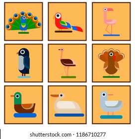 Icons with stylized images of birds of different breeds and species.