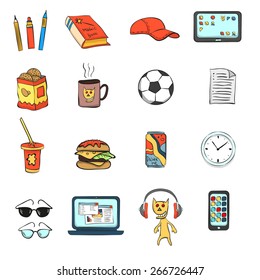 Icons subjects student or schoolboy in the style of hand-drawing. Pencils, books, cap, plate, cookies, cup, ball, paper, Cocktail, sandwich, beverage cans, sunglasses, laptop, headphones, smart phone.