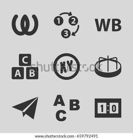  icons such as abc cube, child playground carousel, wb, sport score, 1 2 3, paper plane, xy, abc