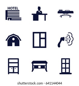 Icons Such As Barn, Door, Shower, Window, Wardrobe, Hospital Stretch, Man Working At The Table, Hotel