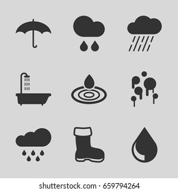 icons such as boot, shower, water drop, rain, umbrella, drop