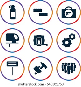 icons such as briefcase with weapon, measure tape, gear, electric saw, hummer, gardening tool, group, building block