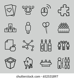  icons such as buffalo, balloon, structure, pot for plants, paper and apple, connection, wine glass, computer mouse, puzzle, user