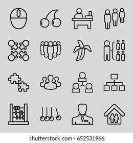 icons such as cherry, table, structure, banana, businessman, mouse, family home, abacus, cradle, roundelay