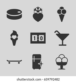  icons such as cocktail, clean fridge, ice cream, heart frozen, sport score, hockey puck