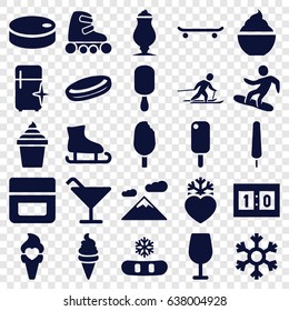 icons such as cream, cocktail, clean fridge, milkshake, heart frozen, snowflake, skiing, snowboard, sport score, hockey puck, skate rollers