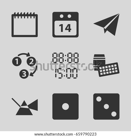  icons such as dice, 14 date calendar, 1 2 3, paper plane, digital time, calendar, lotto