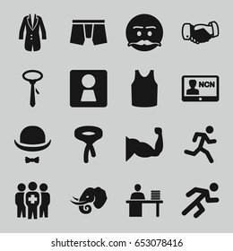  icons such as elephant, woman wc, man underwear, singlet, tie, handshake, emot with mustache, muscle, running, medical group