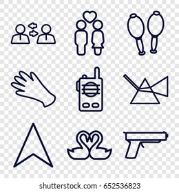 icons such as gloves, navigation arrow, couple, swan heart, maracas, walkie talkie, gun, intersection