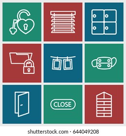 icons such as luggage storage, shutter blinds, door, heart lock, medical mask, photos on rope, close, window shutter