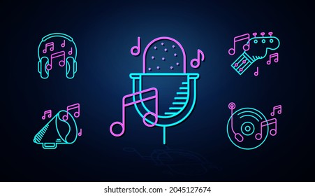 Icons such as neon colored microphone, piano, guitar and musical note appear clear. Neon line icon. Entertainment and karaoke music icon set. neon icon set.