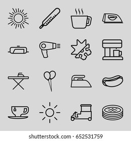 icons such as pan, thermometer, hair dryer, balloon, ironing table, iron, hot dog, tea cup, fast food cart, jacuzzi, coffee machine