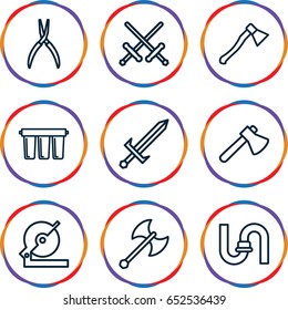 icons such as pipe, axe, circular saw, pliers, filter, sword