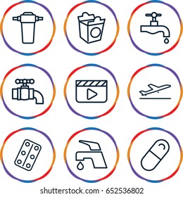  icons such as plane taking off, tap, take away food, medical pills, pill