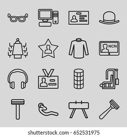 icons such as razor, hat, hair curler, sweater, badge, abdoninal workout, favourite user, pc, meeting, glasses