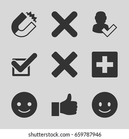 icons such as smiling emot, tick, cross, thumbs up, magnet, user and tick