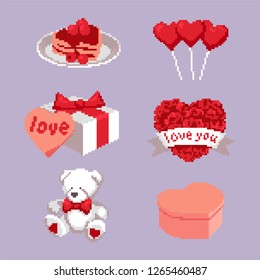 Icons of sugary hearts, gifts, bear, balls and pancakes for Valentine's Day in pixel art style