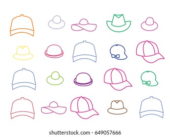 icons of summer hats. Colored Vector illustration. 