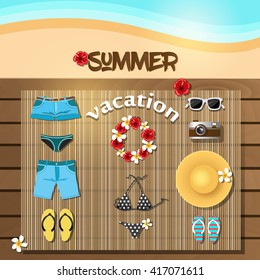 Icons for the summer holidays. Summer vacation. Hat, swimsuit, tropical flowers, glasses, camera, swimming trunks, flip flops, shorts, a wreath of flowers, mat, located on the pier. Vector design