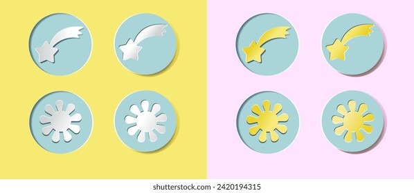Iconos con el Sol y el Cometa. Botones redondos con relieve. Los botones pueden ser convexos y concave. Una colección de iconos realistas en 3D.  Estilo de corte y elaboración de papel.