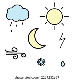 Icons sun moon cloud drop wind lightning snowflake icons. Design element for nature weather concept. Outline doodle vector