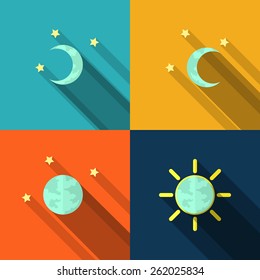 Icons sun, moon,  earth in flat style